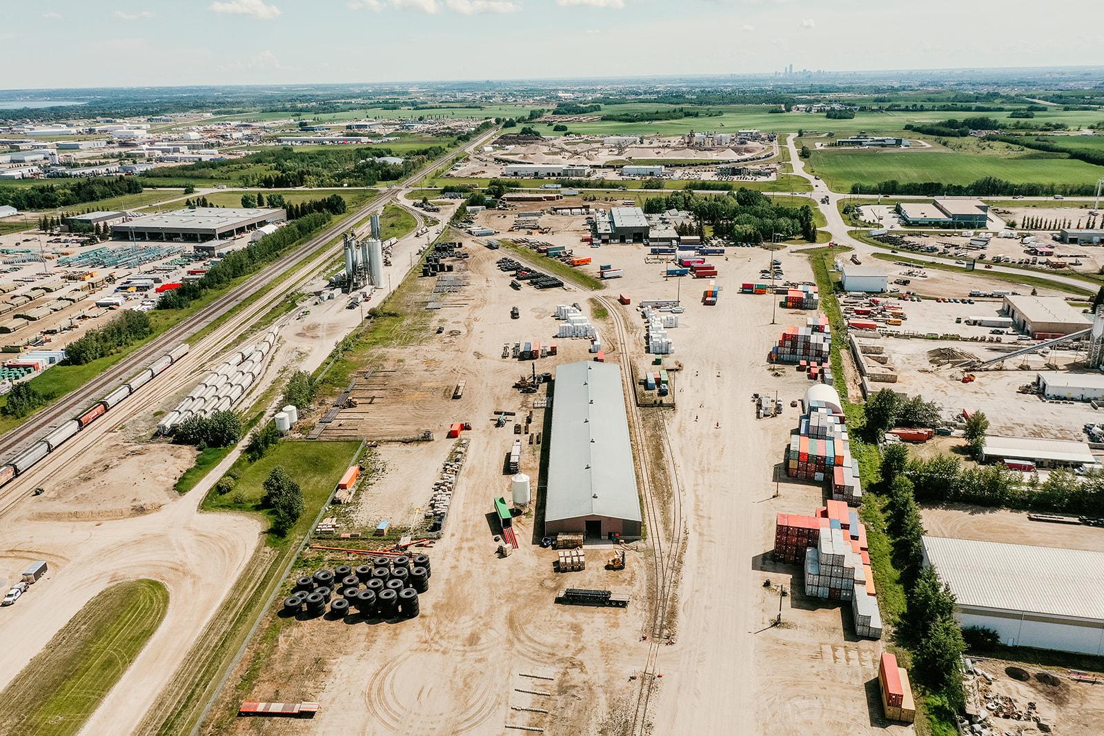 Aerial view of rail-served industrial land and logistics yards